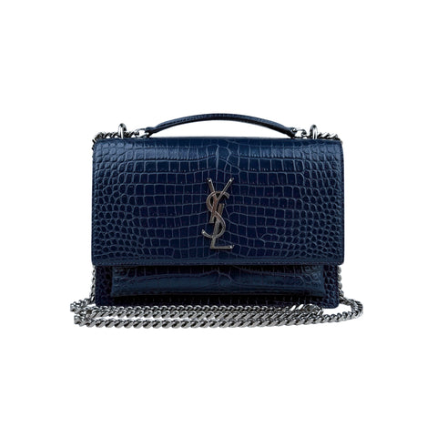Saint Laurent Blue Crocodile Embossed Leather Sunset Wallet on Chain Bag