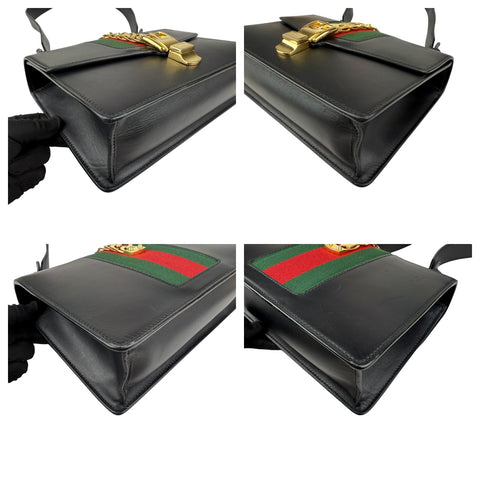 Gucci Black Leather Web Sylvie Shoulder Bag