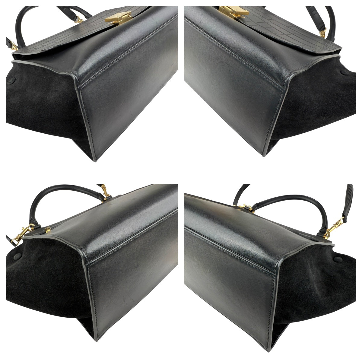 Pre-owned celine-black-leather-suede-croc-embossed-calfskin-trapeze-bag