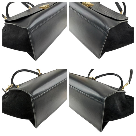 Pre-owned celine-black-leather-suede-croc-embossed-calfskin-trapeze-bag