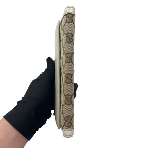 Gucci White/Beige GG Canvas and Leather G Bit Flap Continental Wallet