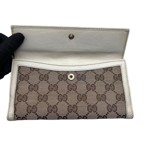 Gucci White/Beige GG Canvas and Leather G Bit Flap Continental Wallet