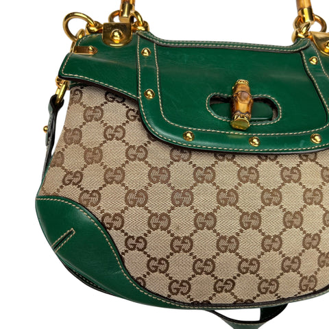 Gucci Beige/Green Canvas and Leather Peggy Bamboo Top Handle Bag