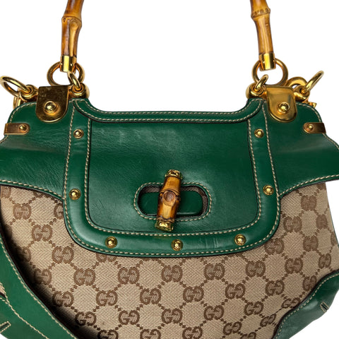Gucci Beige/Green Canvas and Leather Peggy Bamboo Top Handle Bag