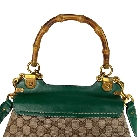Gucci Beige/Green Canvas and Leather Peggy Bamboo Top Handle Bag