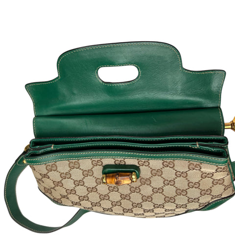 Gucci Beige/Green Canvas and Leather Peggy Bamboo Top Handle Bag