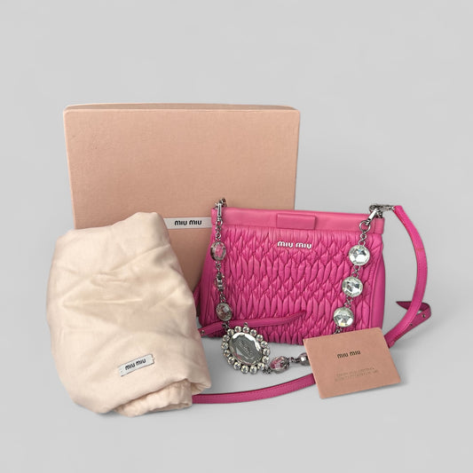 Miu Miu Pink Matelasse Crystal Leather Satchel