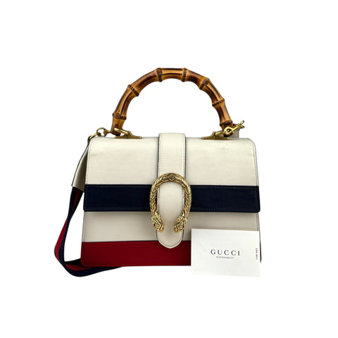 GUCCI Calfskin Bamboo Web Medium Dionysus Top Handle Bag White Blue Hibiscus Red