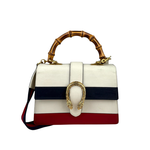 GUCCI Calfskin Bamboo Web Medium Dionysus Top Handle Bag White Blue Hibiscus Red