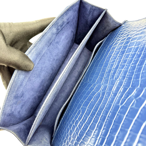 Saint Laurent Blue Crocodile Embossed Leather Sunset Wallet on Chain Bag