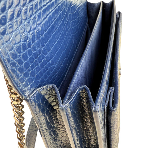 Saint Laurent Blue Crocodile Embossed Leather Sunset Wallet on Chain Bag