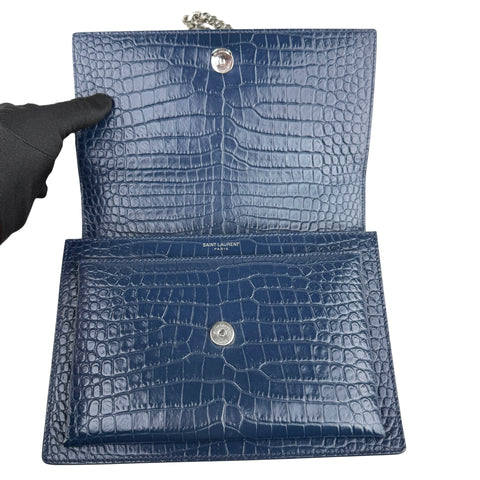 Saint Laurent Blue Crocodile Embossed Leather Sunset Wallet on Chain Bag