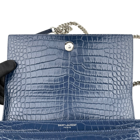 Saint Laurent Blue Crocodile Embossed Leather Sunset Wallet on Chain Bag