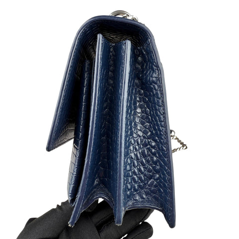 Saint Laurent Blue Crocodile Embossed Leather Sunset Wallet on Chain Bag