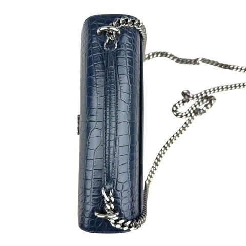 Saint Laurent Blue Crocodile Embossed Leather Sunset Wallet on Chain Bag