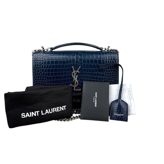 Saint Laurent Blue Crocodile Embossed Leather Sunset Wallet on Chain Bag