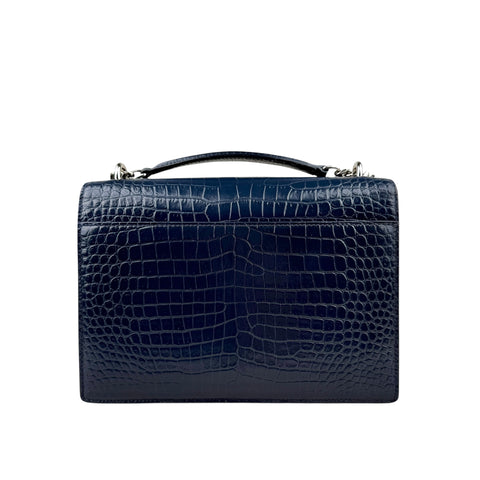 Saint Laurent Blue Crocodile Embossed Leather Sunset Wallet on Chain Bag