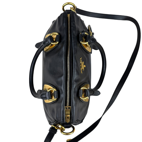 Prada Soft Calf Leather Satchel Bag  Long Strap Black