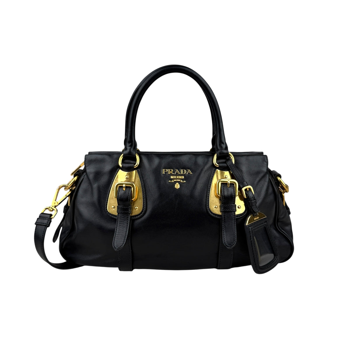 Prada Soft Calf Leather Satchel Bag  Long Strap Black