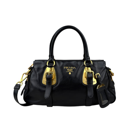 Prada Soft Calf Leather Satchel Bag  Long Strap Black