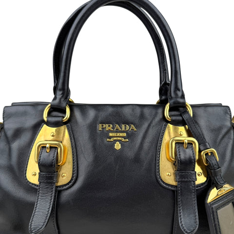 Prada Soft Calf Leather Satchel Bag  Long Strap Black