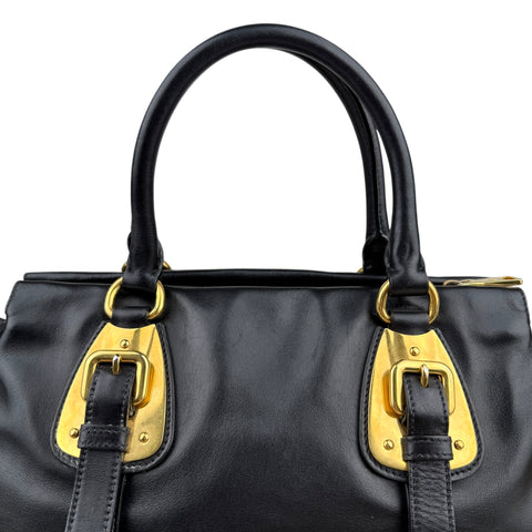 Prada Soft Calf Leather Satchel Bag  Long Strap Black