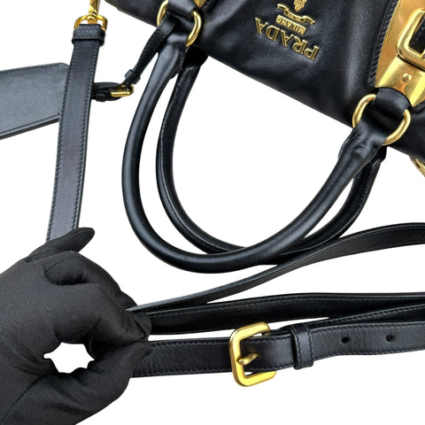 Prada Soft Calf Leather Satchel Bag  Long Strap Black