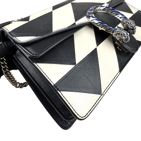 Gucci Dionysus Shoulder Bag – Black & White Geometric Leather with Silver Chain