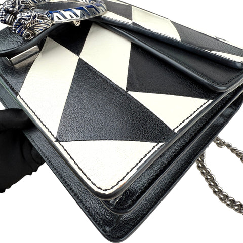 Gucci Dionysus Shoulder Bag – Black & White Geometric Leather with Silver Chain