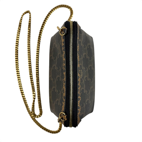 Celine Triomphe Canvas Calfskin Leopard Print Mini Clutch on Chain Black Tan