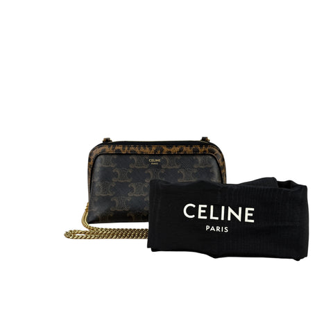 Celine Triomphe Canvas Calfskin Leopard Print Mini Clutch on Chain Black Tan