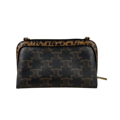 Celine Triomphe Canvas Calfskin Leopard Print Mini Clutch on Chain Black Tan