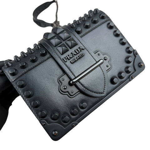 Prada City Calfskin Saffiano Studded Cahier Crossbody Clutch Bag Black