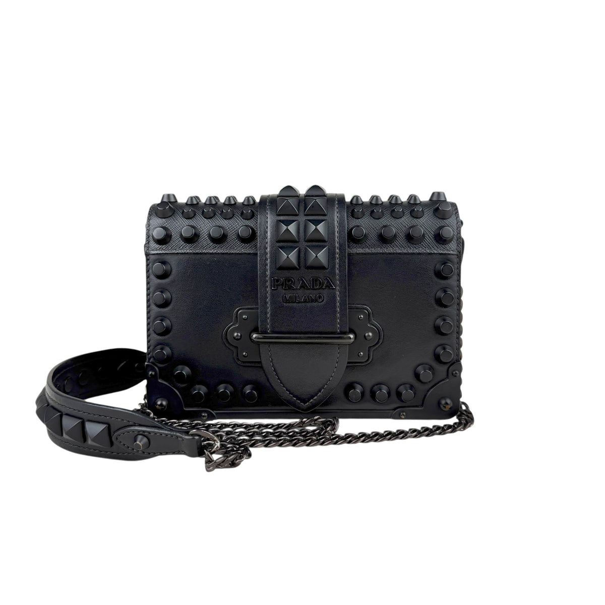 Prada City Calfskin Saffiano Studded Cahier Crossbody Clutch Bag Black