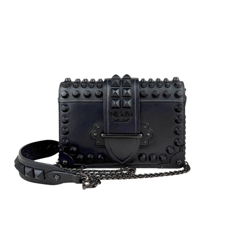 Prada City Calfskin Saffiano Studded Cahier Crossbody Clutch Bag Black