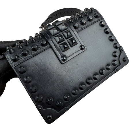 Prada City Calfskin Saffiano Studded Cahier Crossbody Clutch Bag Black