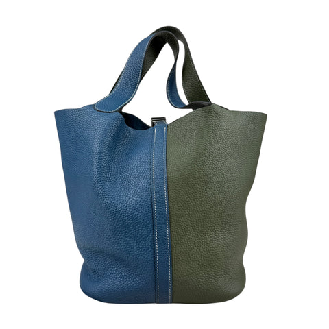 Hermès Limited Edition Vert Canopee and Bleu Thalassa Clemence Casaque Picotin Lock  Palladium Hardware