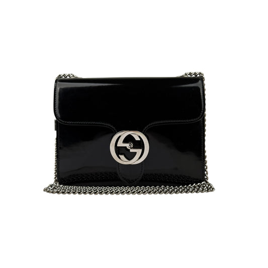 Gucci Black Glossy Leather Interlocking G Shoulder Bag