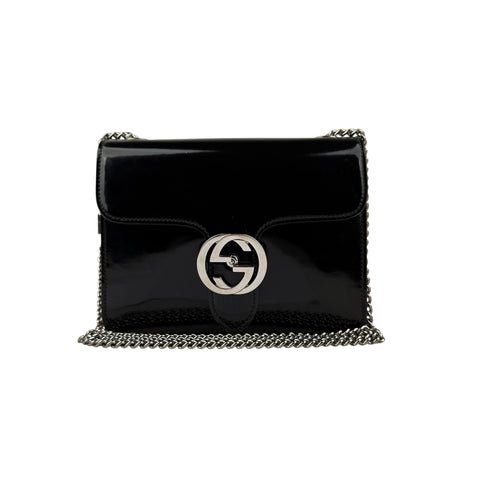 Gucci Black Glossy Leather Interlocking G Shoulder Bag