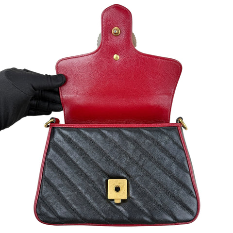Gucci Black Red Quilted Leather Marmont Torchon Top Handle Crossbody Bag