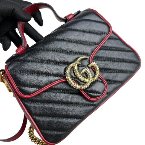 Gucci Black Red Quilted Leather Marmont Torchon Top Handle Crossbody Bag