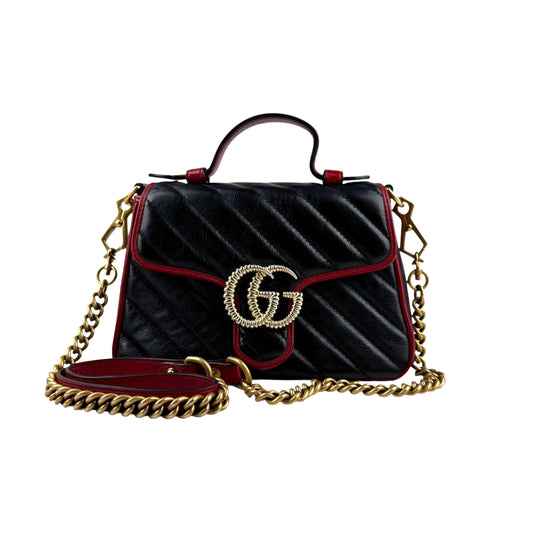 Gucci Black Red Quilted Leather Marmont Torchon Top Handle Crossbody Bag