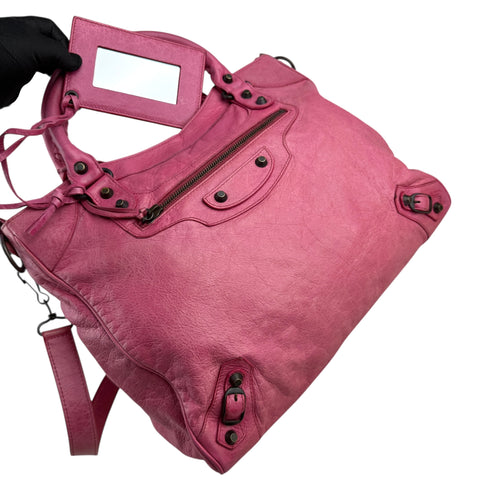 Balenciaga City Leather Shoulder Bag Pink Woven Handle with Mirror