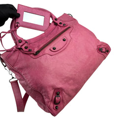Pre-owned Balenciaga City Leather Shoulder Bag Pink Woven Handle with Mirror shoulder bag