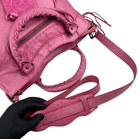 Balenciaga City Leather Shoulder Bag Pink Woven Handle with Mirror