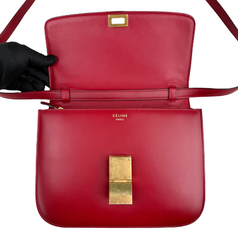 Celine Classic Box Medium Leather Shoulder Bag Red Color