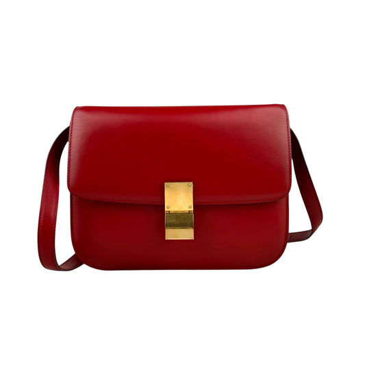 Celine Classic Box Medium Leather Shoulder Bag Red Color