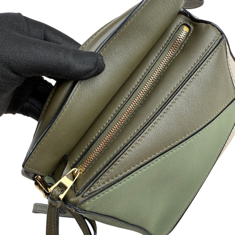 LOEWE Puzzle Colorblock Mini Satchel Bag In Green Oat