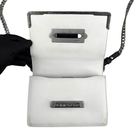 Prada White/Black Saffiano and Leather Crystal Embellished Cahier Crossbody Bag