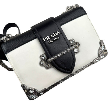 Prada White/Black Saffiano and Leather Crystal Embellished Cahier Crossbody Bag
